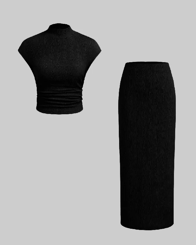 High Neck Ruched Tank Top & Mid Rise Split Maxi Skirt In Black