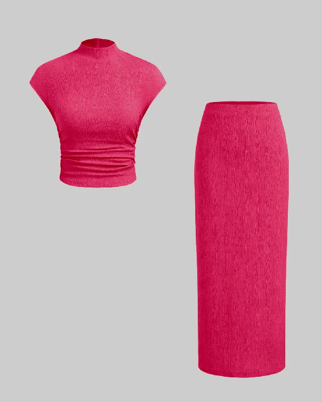 High Neck Ruched Tank Top & Mid Rise Split Maxi Skirt In Pink