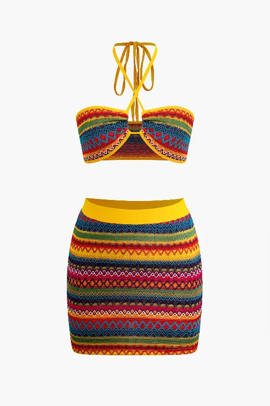 Vibrant Striped Halter Crop Top and Skirt Set