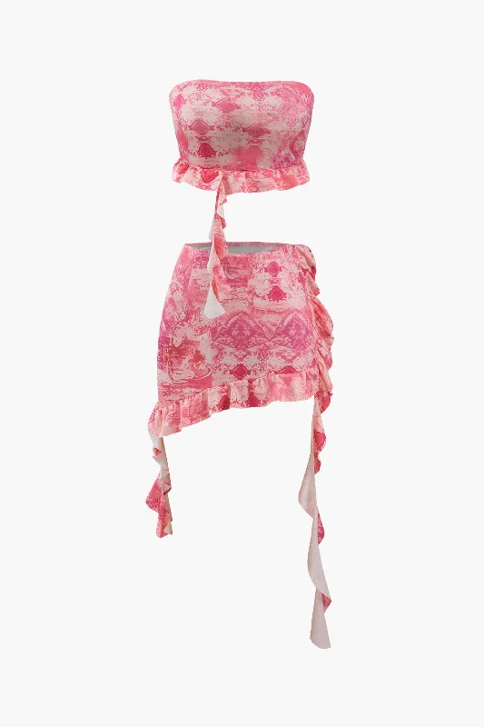 Printed Ruffle Tube Top And Asymmetric Mini Skirt Set