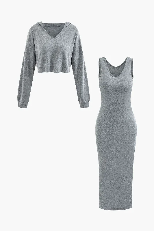 Basic V-neck Sleeveless Maxi Dress And Hooded Crop Sweatshirt Set