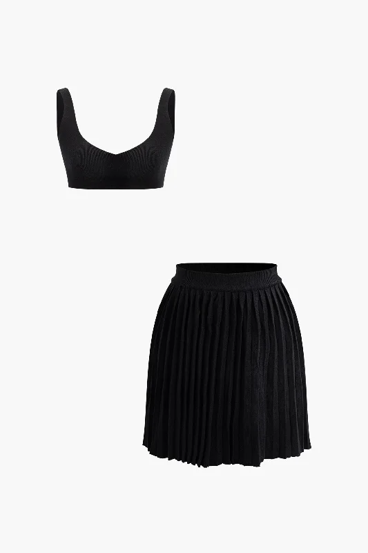 Basic V-neck Bra Top And Pleated Mini Skirt Set