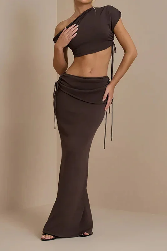 Asymmetrical Drawstring Short Sleeve Crop Top And Maxi Skirt Set