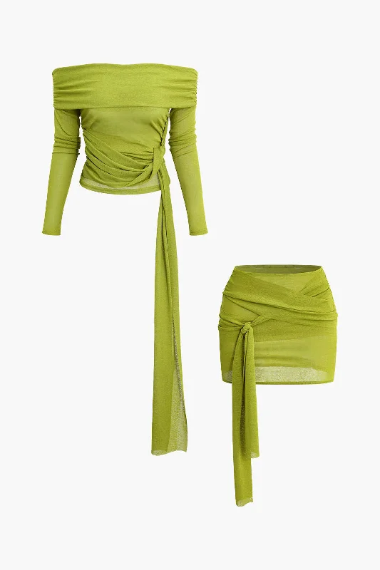 Knot Ruched Off Shoulder Top And Mini Skirt Set