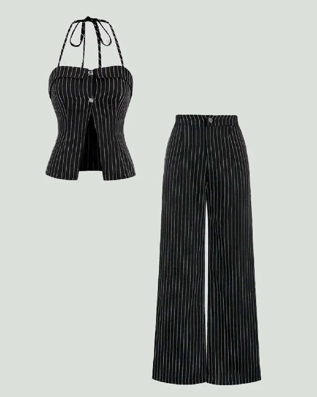 Pinstriped Halter Neck Sleeveless Top And Pants Set In Black