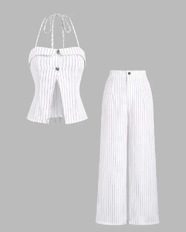 Pinstriped Halter Neck Sleeveless Top And Pants Set In White