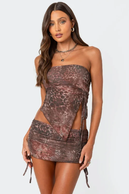 Leopard printed asymmetric mesh tube top