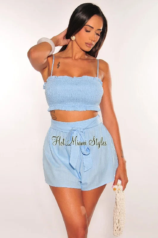 Sky Blue Smocked Linen Spaghetti Strap Shorts Two Piece Set