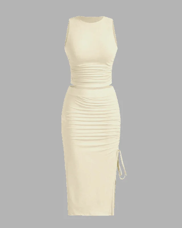 Solid Color Tank Top & Thigh Slit Skirt In Off-White