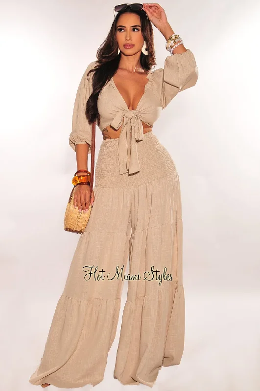 Taupe Tie Up Smocked Linen Palazzo Pants Two Piece Set