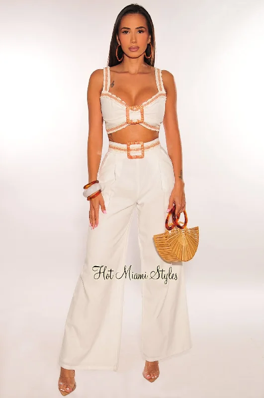 White Linen Wooden Palazzo Pants Two Piece Set