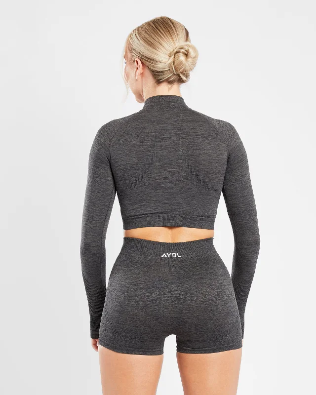 Revive Seamless Crop 1/2 Zip Pullover - Black Marl