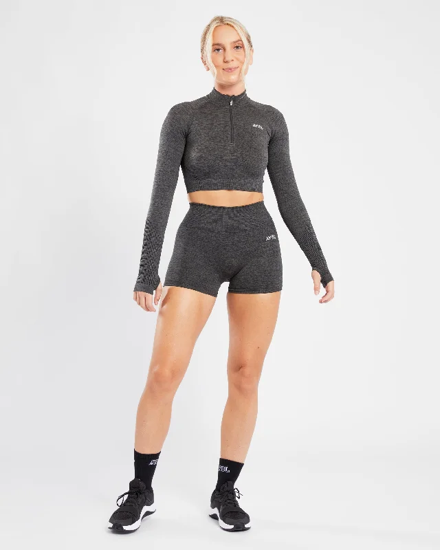 Revive Seamless Crop 1/2 Zip Pullover - Black Marl