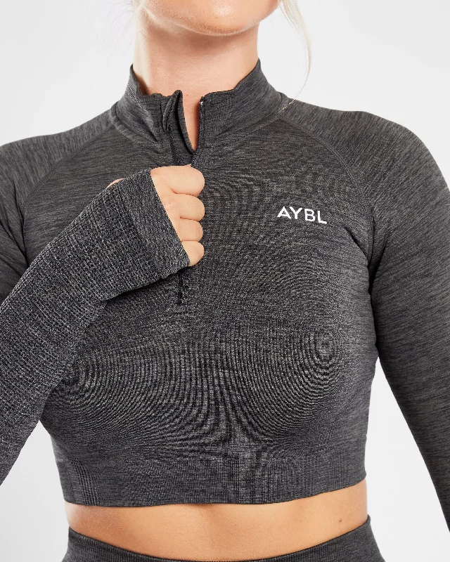 Revive Seamless Crop 1/2 Zip Pullover - Black Marl