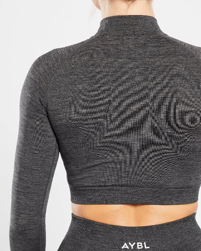 Revive Seamless Crop 1/2 Zip Pullover - Black Marl