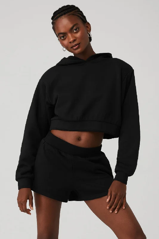 Cropped Headliner Shoulder Pad Hoodie - Black