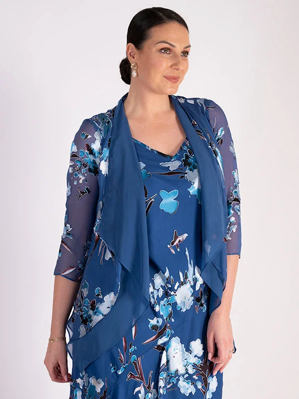 Azure Floral Print Silk Devore Layered Shrug