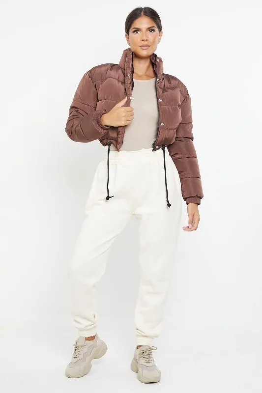 PADDED CROP PUFFER JACKET- CHOCOLATE