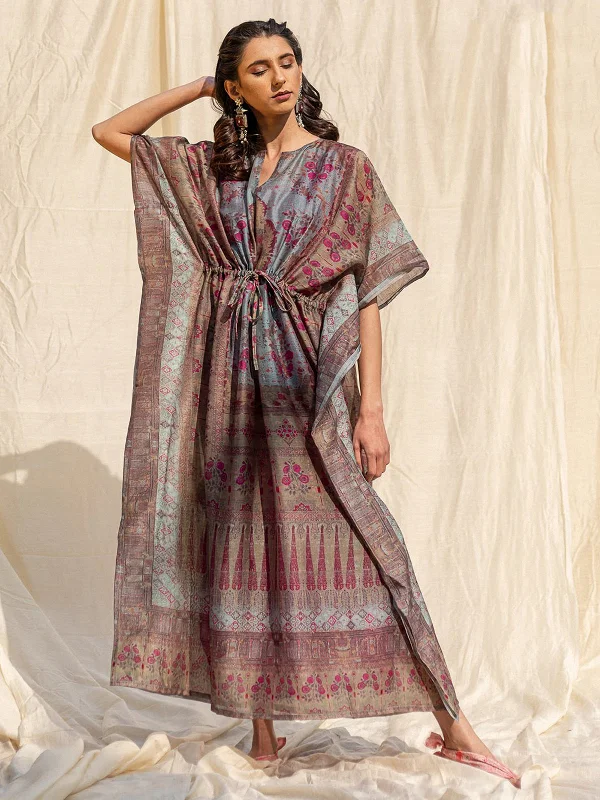 Odette Brown Silk Printed Stitched Indo Western Kaftan For Women