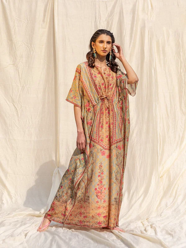 Odette Light Green Silk Printed Stitched Indo Western Kaftan For Women