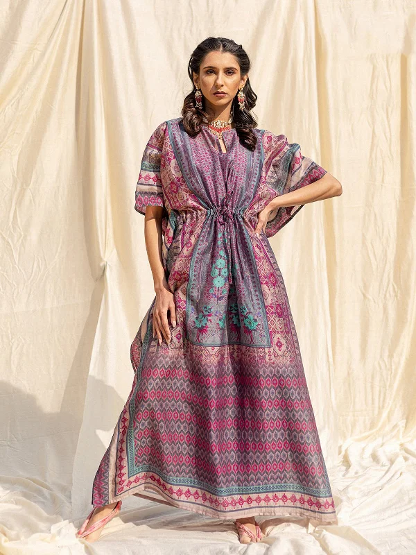 Odette Violet Silk Printed Stitched Indo Western Kaftan For Women