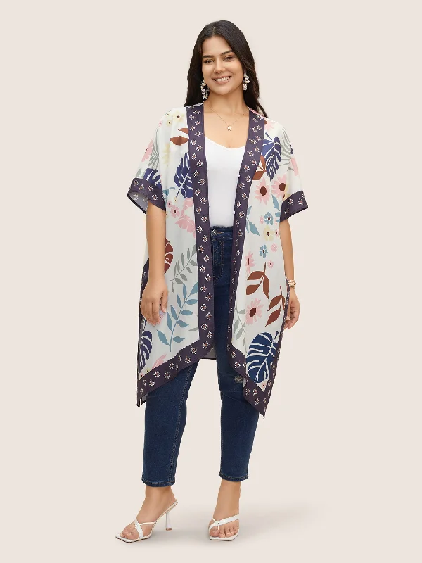 Painted Flower Print Split Hem Kimono