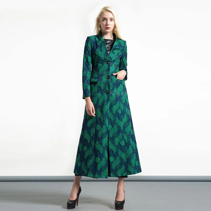 2017 autumn winter new jacquard cotton blended trench coats green slim fit maxi coat