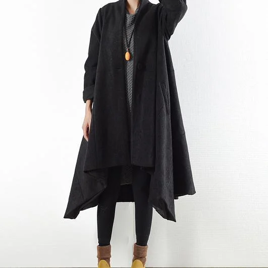 2017 new autumn black woolen coats plus size asymmetric thick trench coats