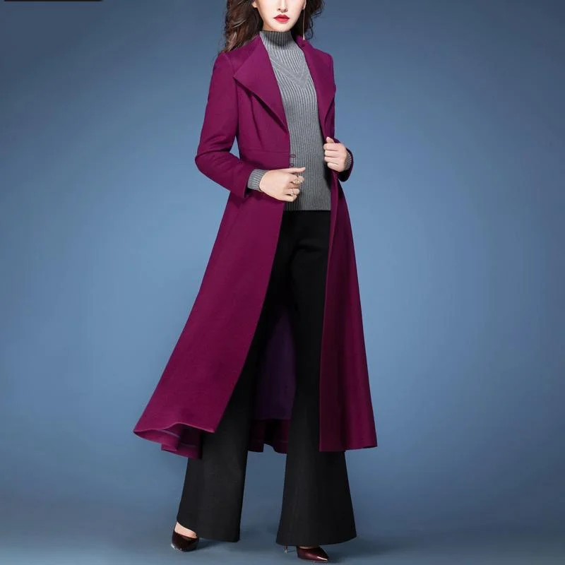 2017 winter purple elegant woolen blended coats slim fit vogue large hem trench coat