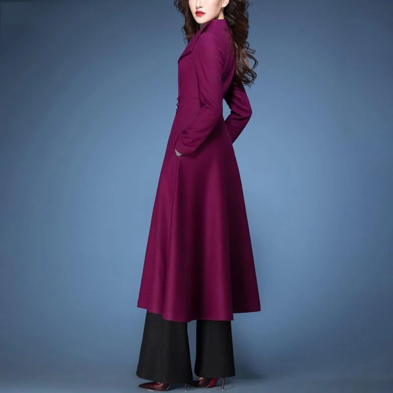 2017 winter purple elegant woolen blended coats slim fit vogue large hem trench coat