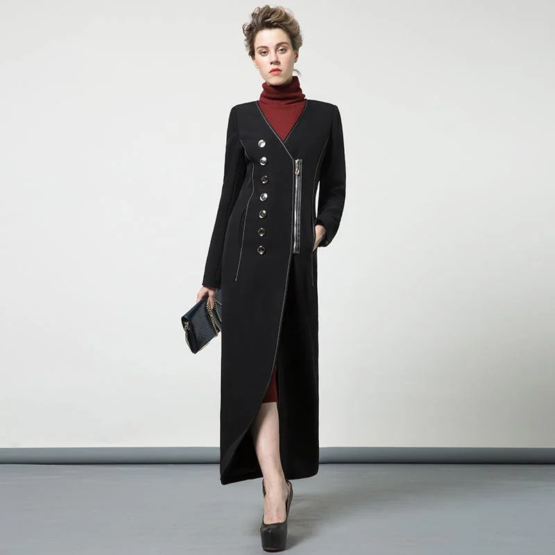 autumn new black cotton blended patchwork long coat v neck back open slim fit trench coats