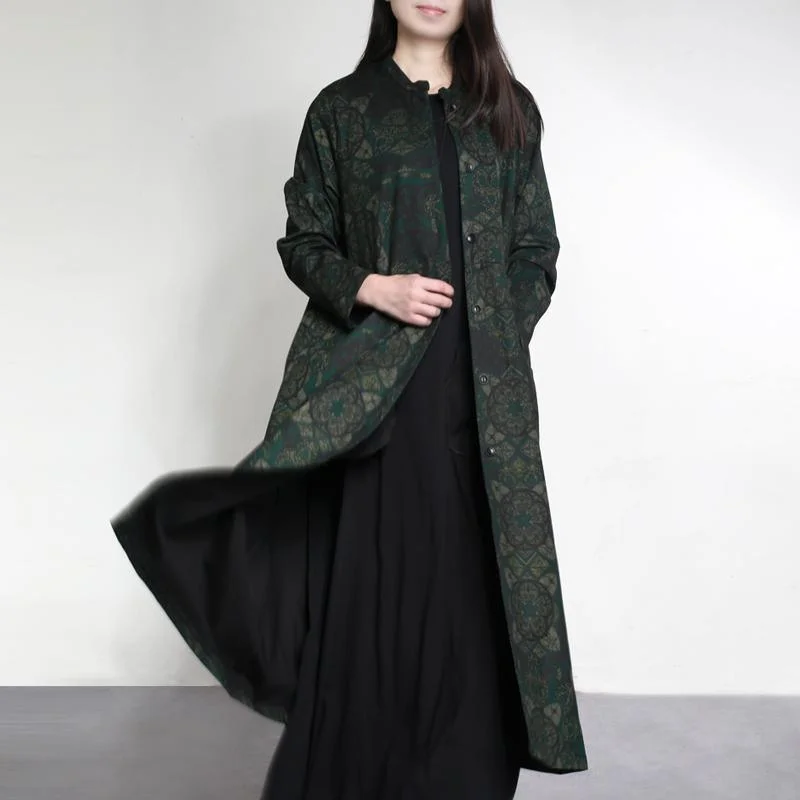 Autumn winter 2017 green prints cotton outwear draping elegant casual long trench coats