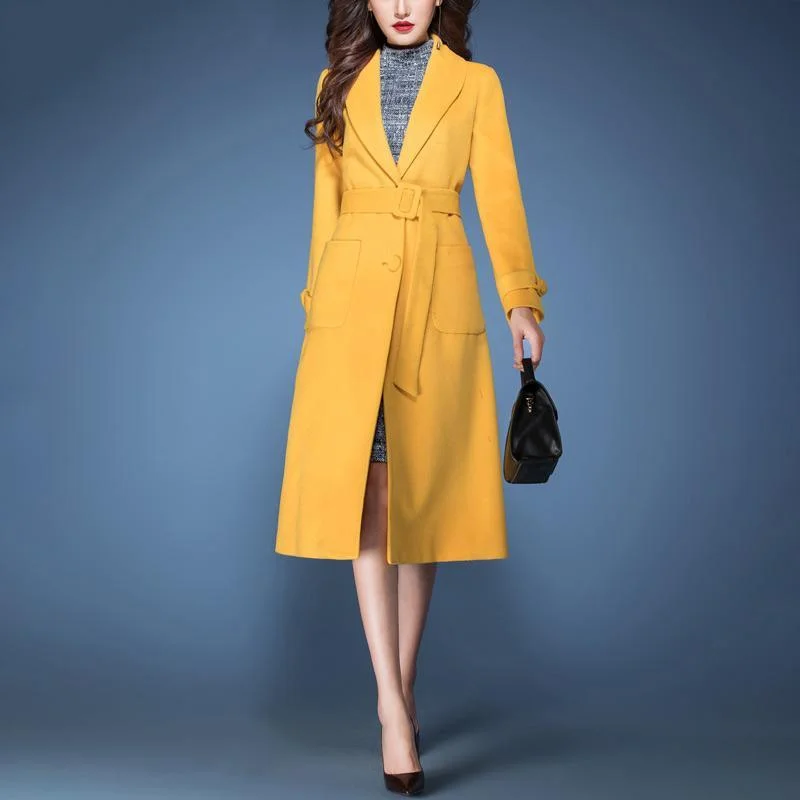 autumn winter new yellow tie waist corduroy blended coats slim fit fashion a line trench coat