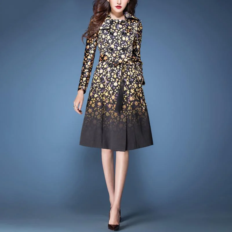 autumn women new fashion prints cotton blended coats slim fit double breast trench coat