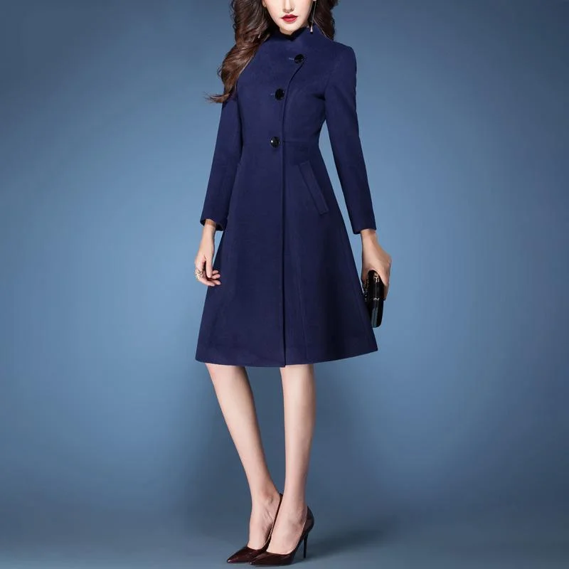 blue cute elegant woolen blended trench coats slim fit long sleeve outwear