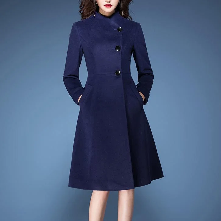 blue cute elegant woolen blended trench coats slim fit long sleeve outwear