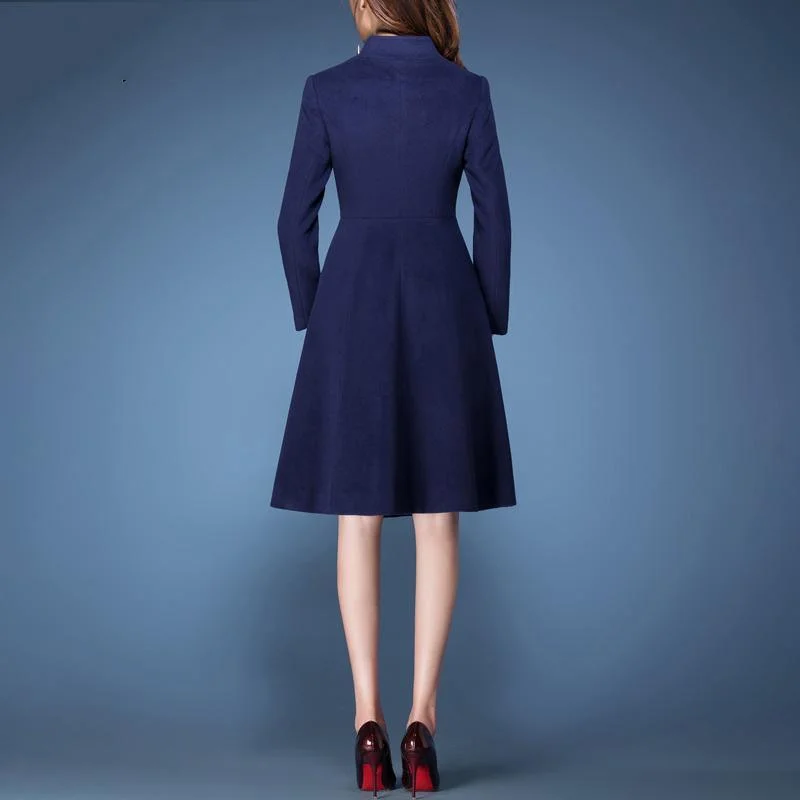 blue cute elegant woolen blended trench coats slim fit long sleeve outwear