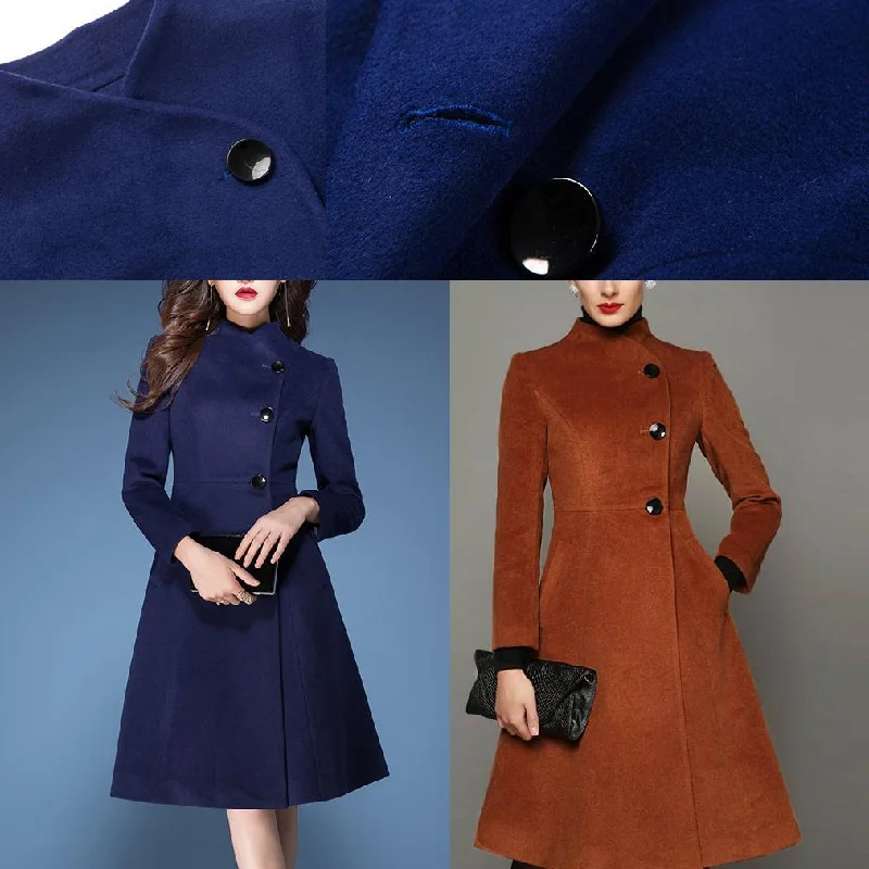 blue cute elegant woolen blended trench coats slim fit long sleeve outwear