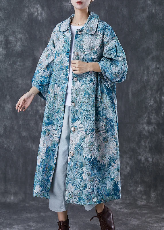 Boutique Blue Oversized Daisy Print Cotton Trench Coats Spring