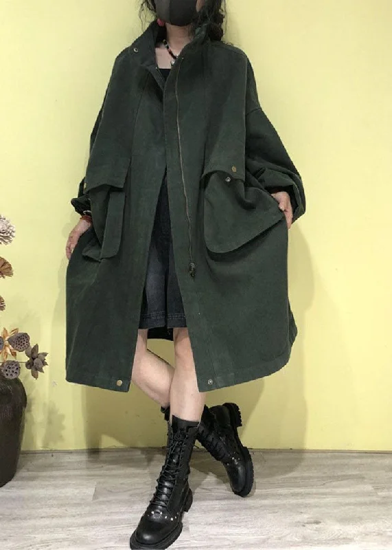 Plus Size Green Stand Collar Zippered Pockets Trench Coats Fall