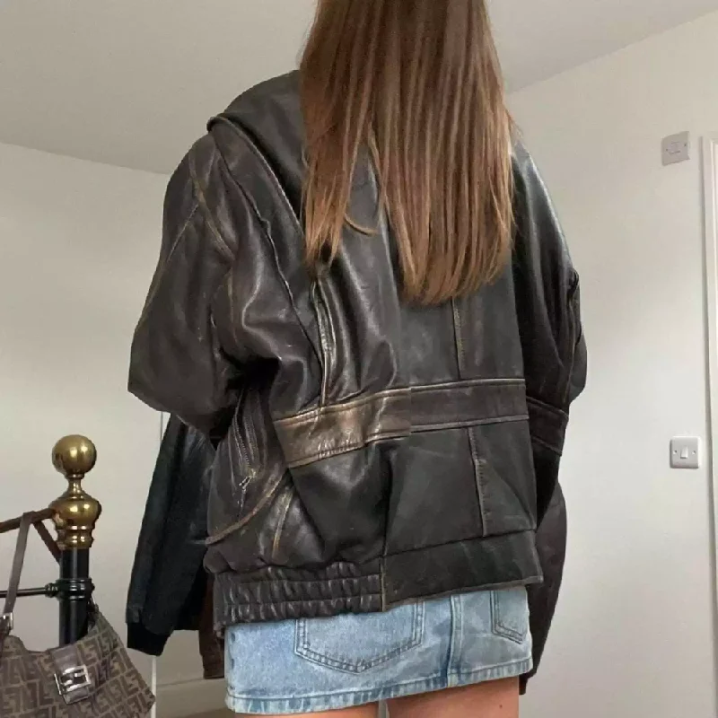 A2 Distressed Dark Brown Military Womens Oversize Leather Jacket