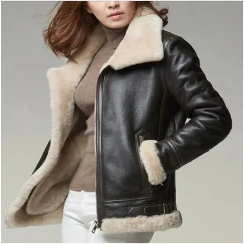 Black Women's Sheepskin Shearling B3 Bomber Leather Jacket