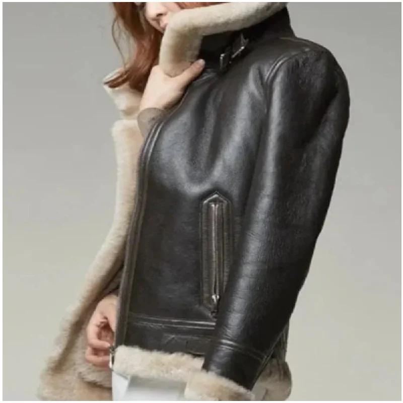 Black Women's Sheepskin Shearling B3 Bomber Leather Jacket