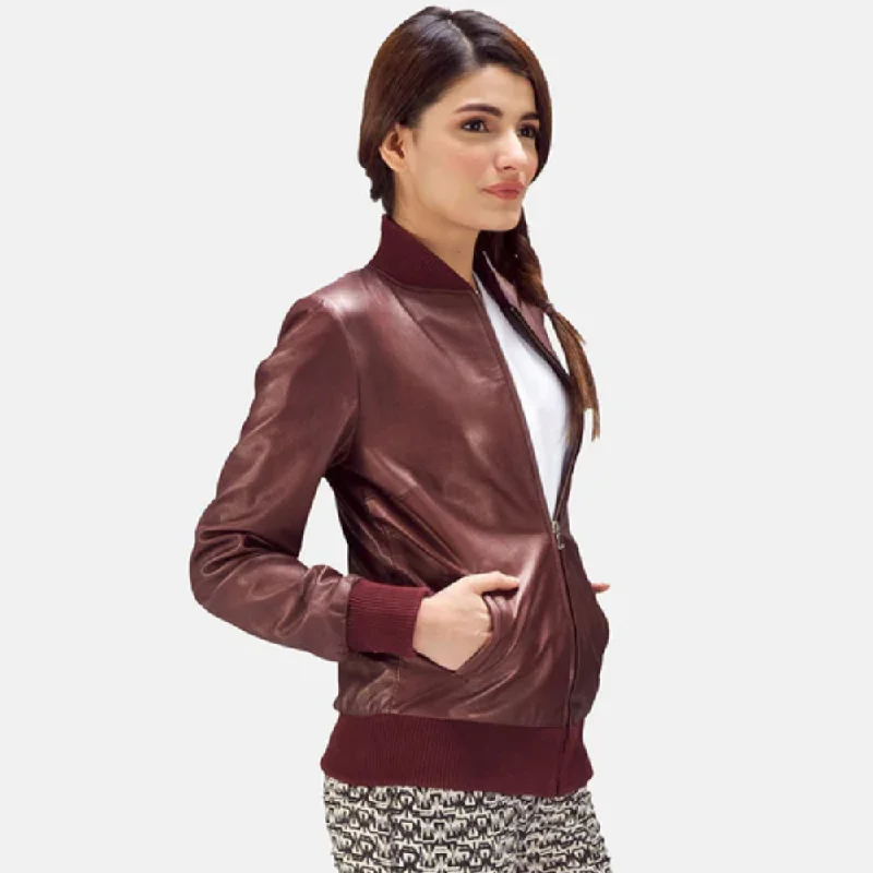 Women Sheepskin Maroon  A1 Bomber Leather Jacket