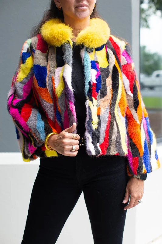 Multicolor Mink Jacket with Fox Collar