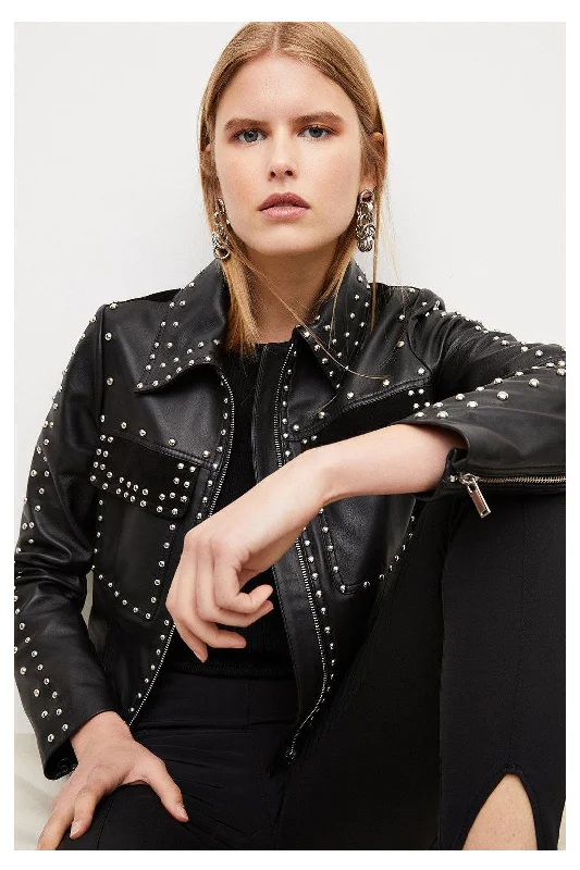 New Black Silver Spiked Studded style Leather Biker Jacket For Women