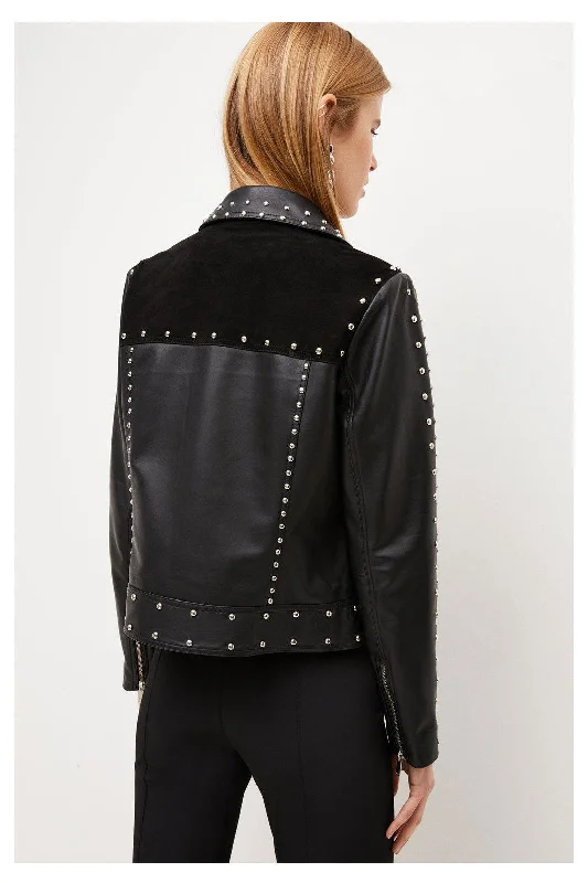 New Black Silver Spiked Studded style Leather Biker Jacket For Women