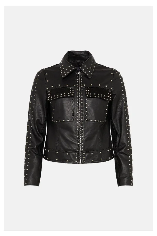 New Black Silver Spiked Studded style Leather Biker Jacket For Women