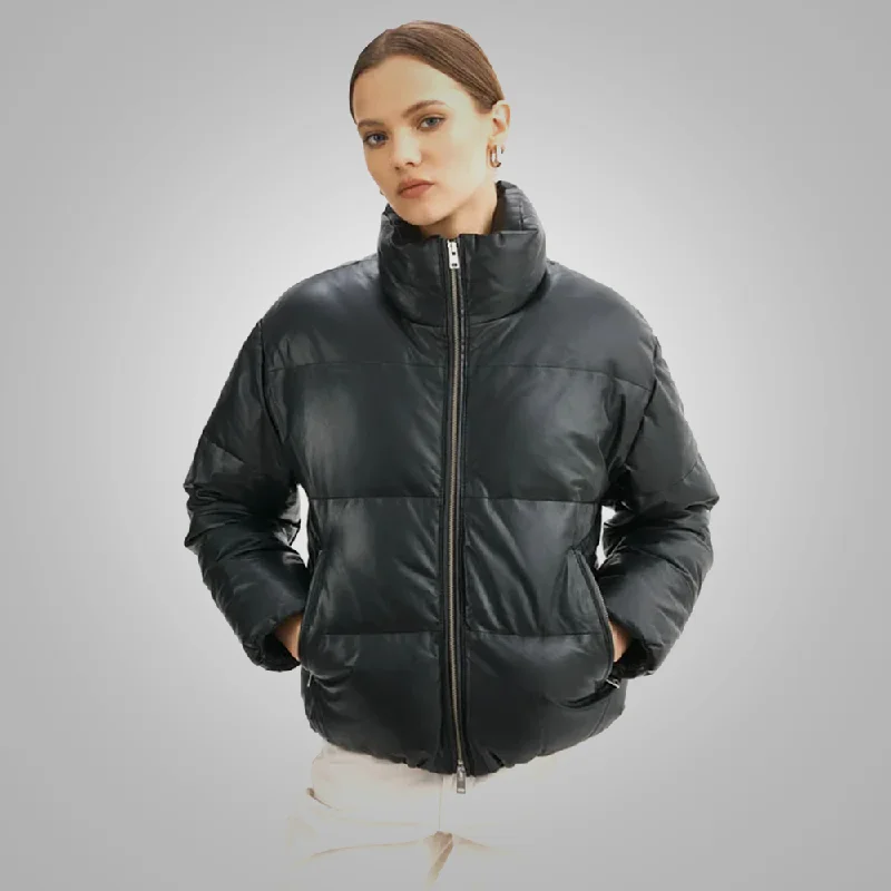 New Black Women Bubble Sheepskin Puffer V-Bomber Leather Jacket