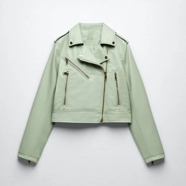 New Green Women Sheepskin Riding Leather Biker Jacket